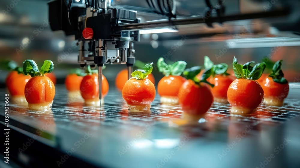 Poster a machine is making fruit salad with oranges and basil
