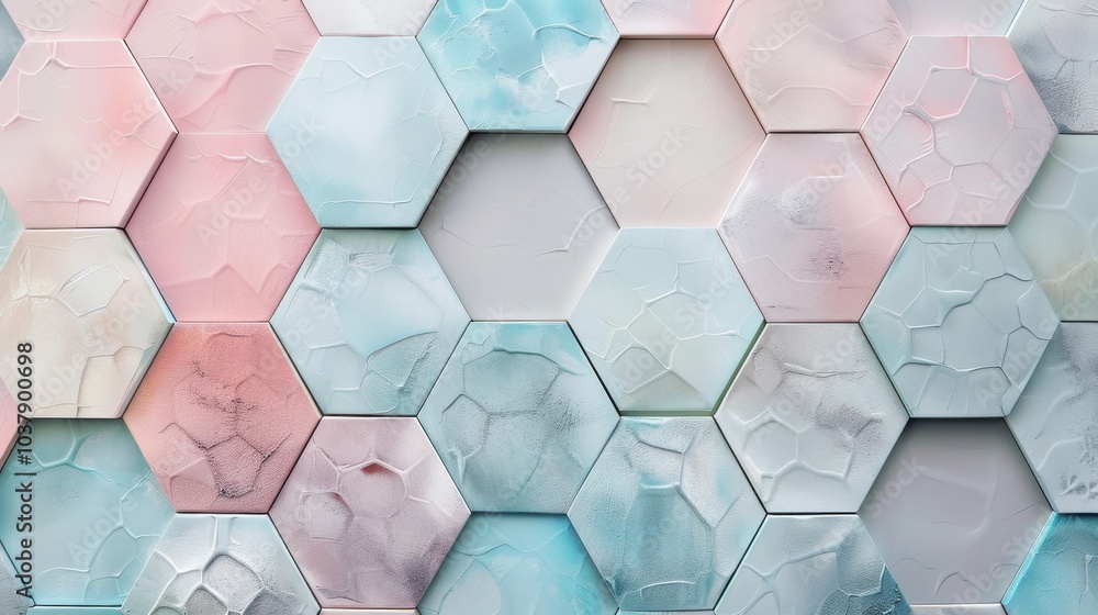 Poster geometric wallpaper featuring pastel hexagonal patterns in a modern interior setting with a soft, ar
