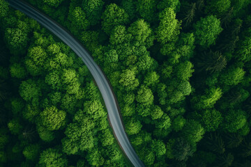 Aerial View of Winding Road Through Lush Green Forest