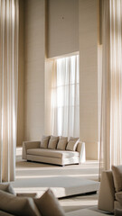 spacious and airy living area featuring neutral toned sofa adorned with plush cushions, surrounded by soft, flowing curtains that enhance serene atmosphere