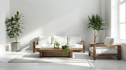 A living room with a white couch, a coffee table, and a potted plant. The room is bright and airy, with a large window letting in plenty of natural light. The furniture is simple and minimalistic
