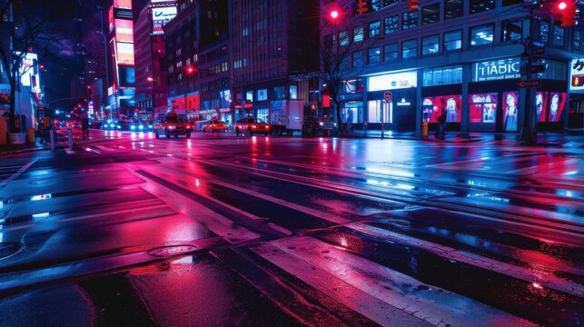 A city street at night with a neon sign that says "Tabico" on it. The street is wet and the cars are driving on it