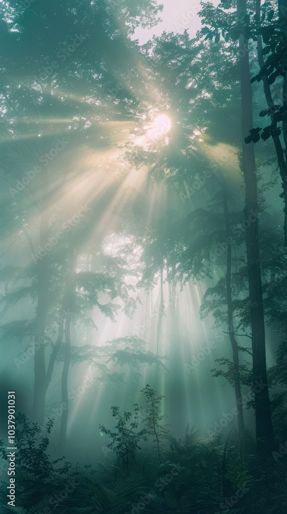 Poster early morning sunlight filters through the fog, illuminating a serene forest with tall trees and a t