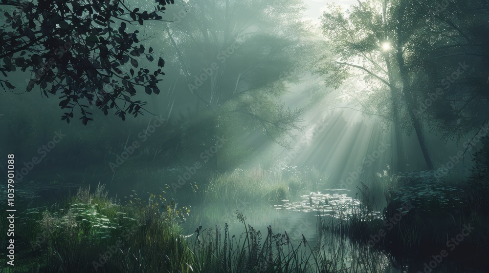 Aufkleber a serene morning in a nature reserve with sunlight filtering through misty trees by a tranquil pond