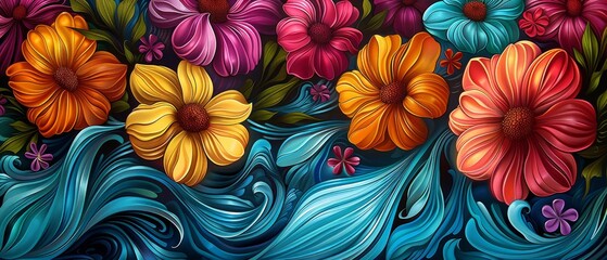 Fototapeta premium Vibrant Floral Design with Colorful Flowers and Swirls
