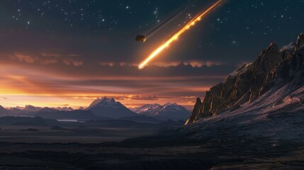 Drone view of a massive asteroid streaking through the Patagonian sky towards a landscape rich with dinosaurs