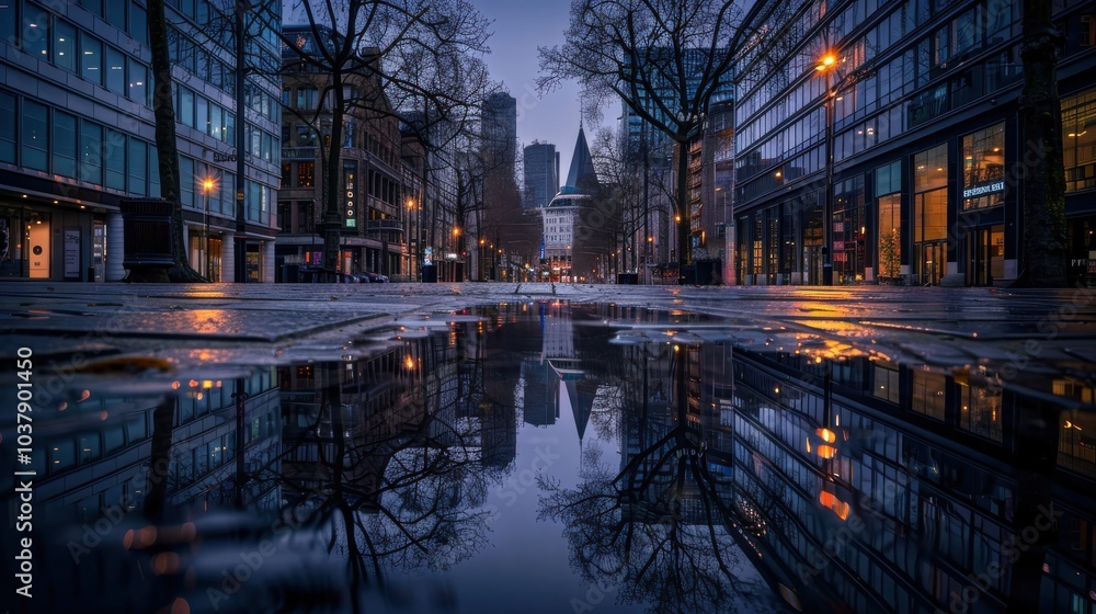Poster a city street at night with a large puddle of water reflecting the lights of the buildings. the scen
