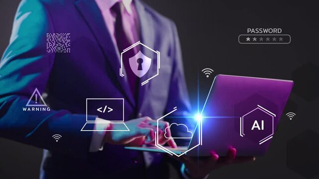 Businessman computer laptop document management, cloud storage data security cloud computing database, file storage system digital transformation technology, file access, doc sharing data analyst