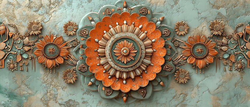Exquisite floral relief design captivating ornamental artistry in vibrant turquoise and warm terracotta hues for decorative inspiration