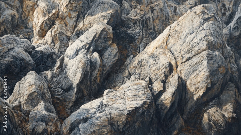 Poster a painting of a rocky landscape with a few rocks in the foreground and a few more in the background