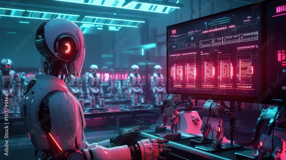 Poster a robot is sitting in front of a computer monitor with a red and blue screen