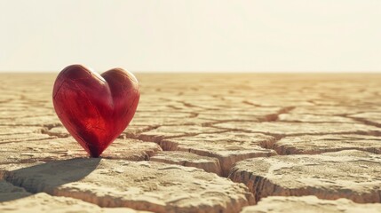 Fototapeta premium a heart suspended in a vast desert landscape, with cracks in the earth radiating from its core