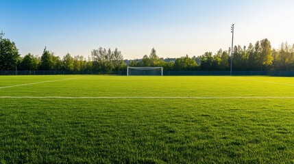 A serene outdoor soccer field with a well-maintained surface and goalposts, surrounded by open fields and a clear blue sky, early evening light adding a tranquil ambiance