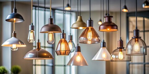 Obraz premium Low angle view of unique geometric pendant light hanging from ceiling