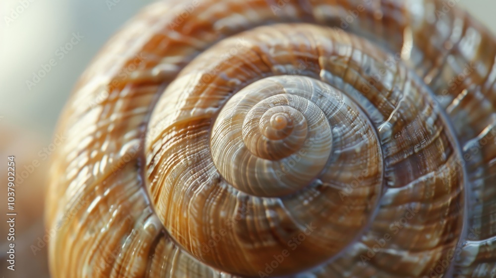Poster A spiral shell with a brown and tan color. The shell is very detailed and has a lot of texture