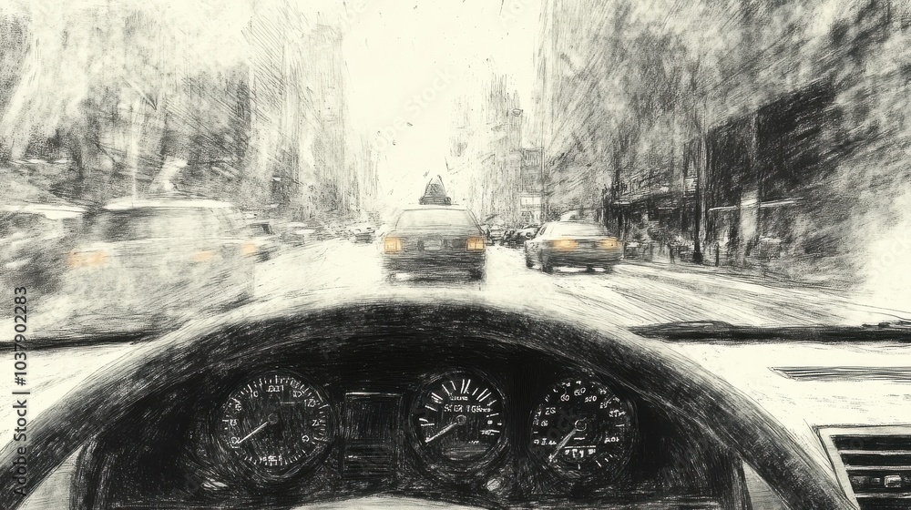 Poster a close up of a car's dashboard with a blurred view of the street