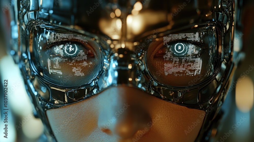 Poster contemplative robot face displaying holographic text of the three rules of robotics reflecting in it