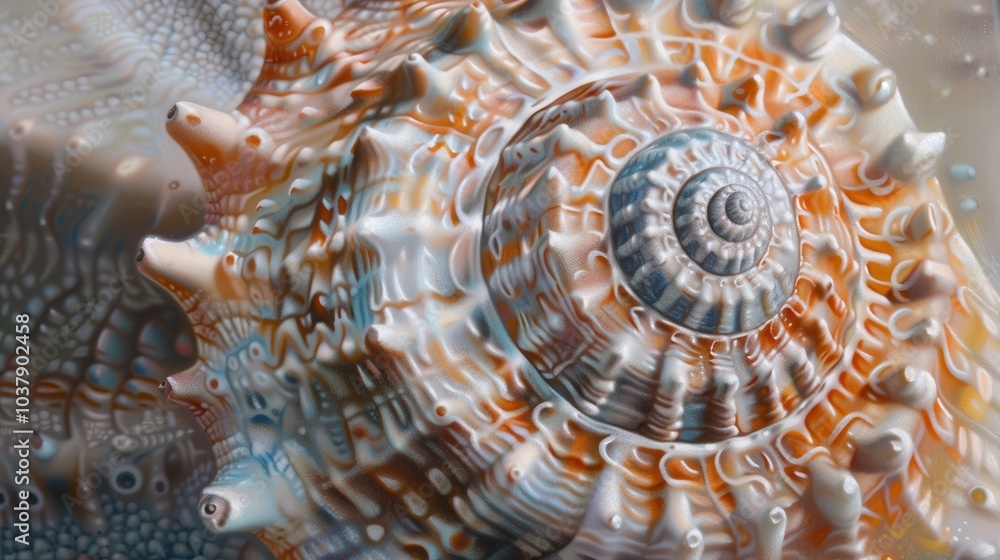 Fototapete a shell with a spiral pattern is shown in a painting. the shell is a mix of white and orange, and it