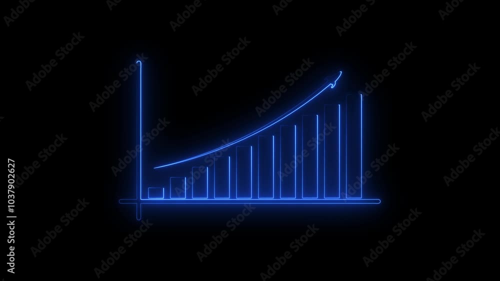 Poster Abstract neon line business graph animation. Arrow rising on graph with rocket Sale Symbols.