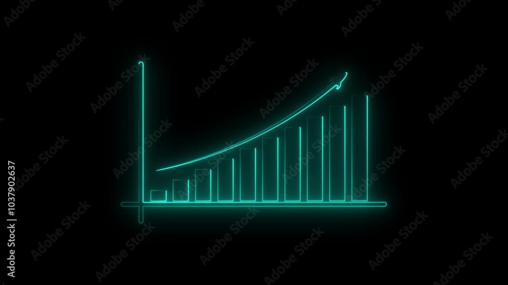 Poster abstract neon line business graph animation. arrow rising on graph with rocket sale symbols.