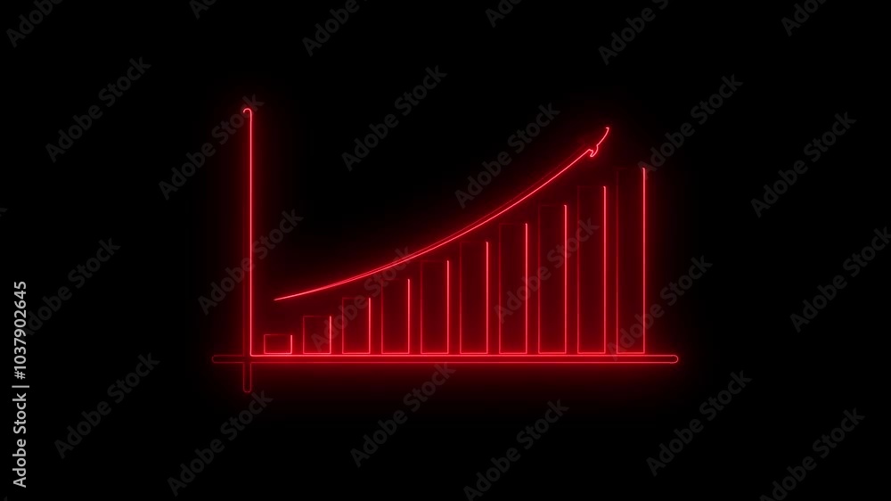 Poster abstract neon line business graph animation. arrow rising on graph with rocket sale symbols.