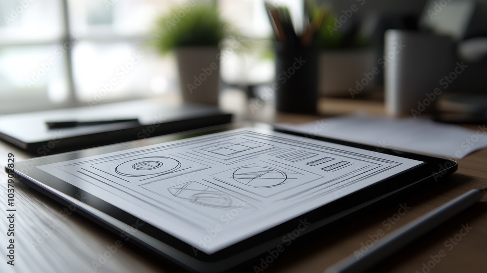 Aufkleber a tablet with a drawing on it sits on a desk
