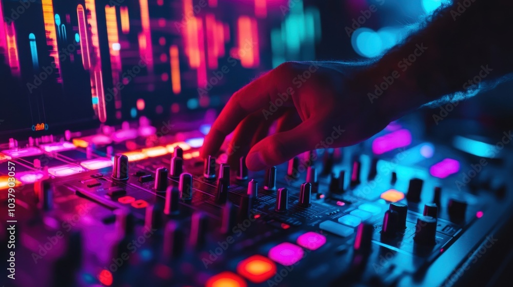 Poster a hand is playing a keyboard with colorful buttons