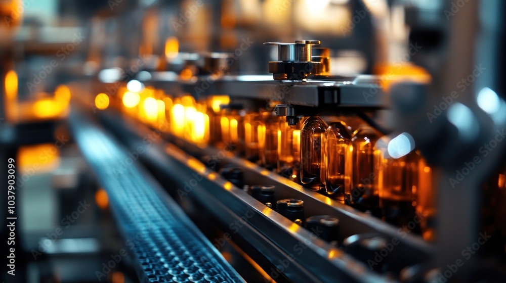 Poster a close-up of a production line with illuminated bottles in an industrial setting.