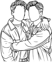 Black Line Art Happy Man Friendship Photo Pose Hand Drawn Illustration