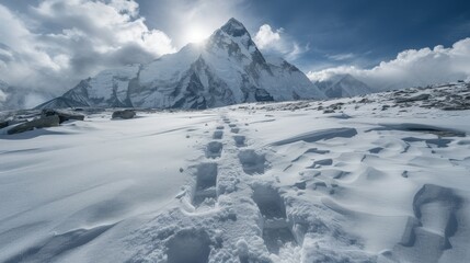 Climbers' footprints leading toward Mount Everest on a snowy trail under dramatic clouds in the bright morning light