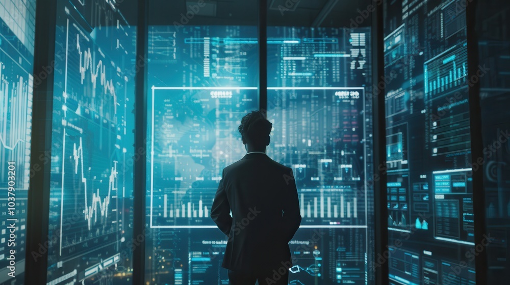 Poster a man stands in front of a computer monitor with a lot of numbers and graphs. he is looking at the s