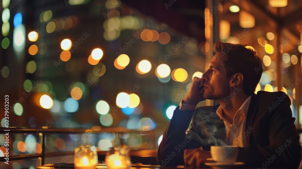 Poster a man in a suit is sitting at a table with a cup of coffee. he is looking at the camera and he is de