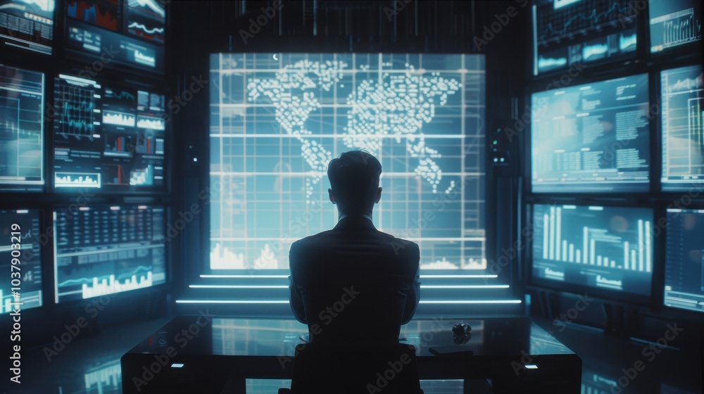 Poster a man is sitting at a desk in front of a computer monitor with a map on it. the man is looking at th