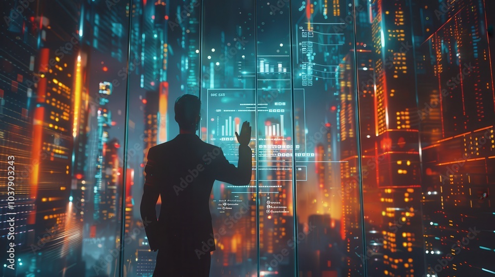 Fototapete a man is standing in front of a window, looking out at a cityscape. concept of awe and wonder at the