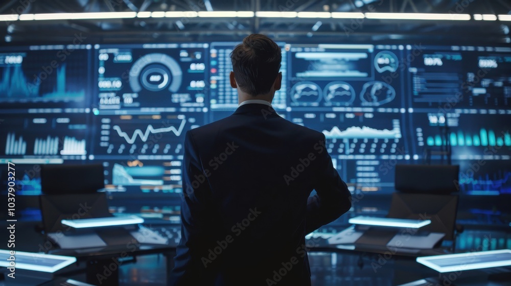 Poster a man in a suit stands in front of a computer monitor displaying various graphs and numbers. concept