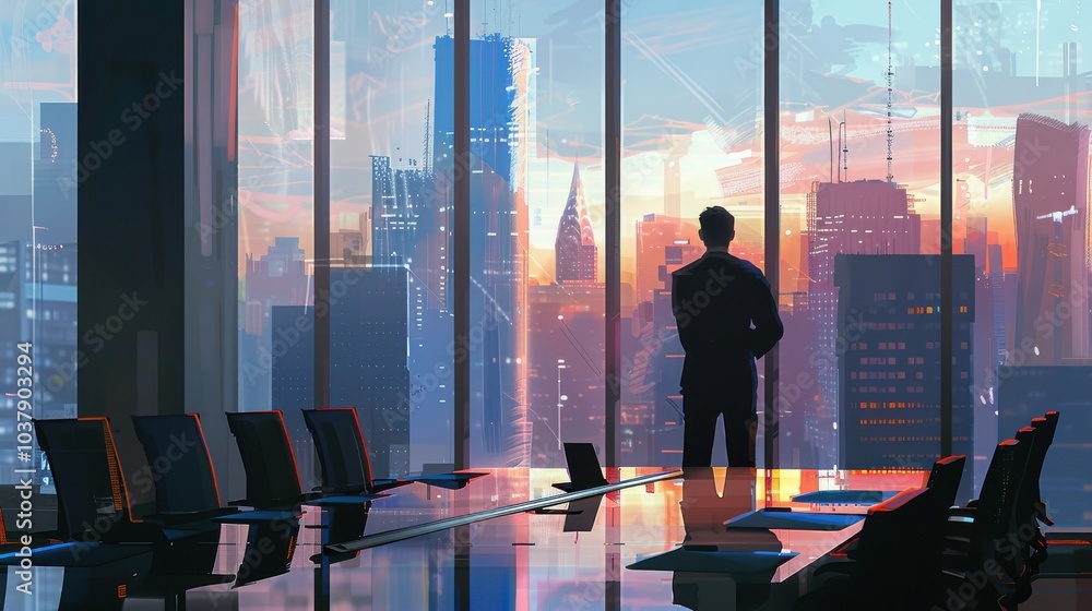 Aufkleber a man is standing in front of a window looking out at the city. the room is filled with chairs and a