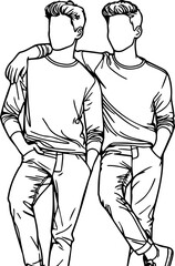 Black Line Art Happy Man Friendship Photo Pose Hand Drawn Illustration