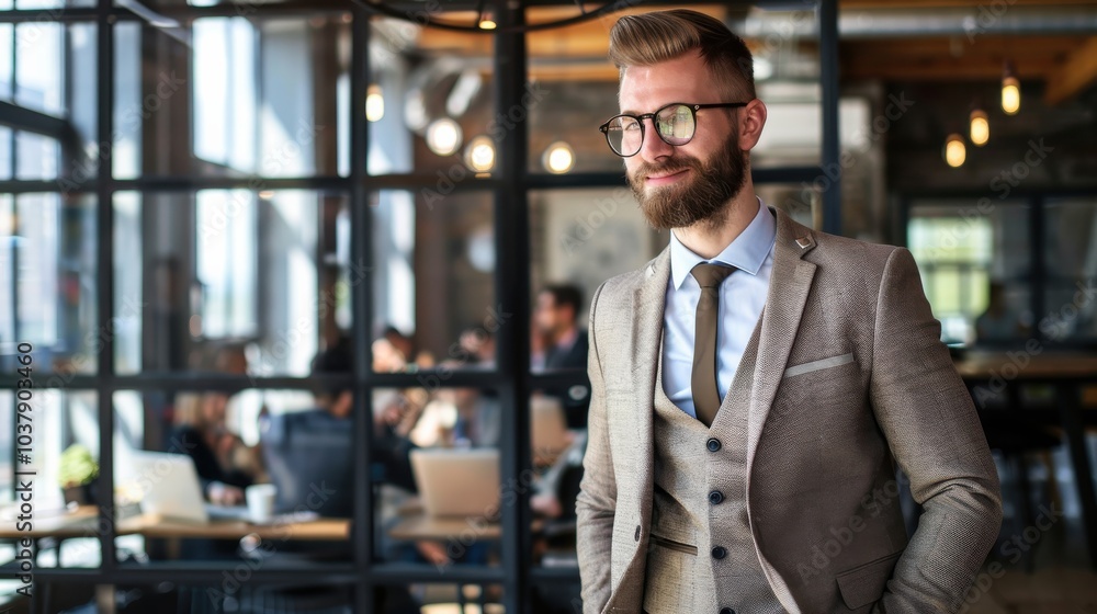 Poster an office worker in business attire stands confidently in a modern high-rise corporate setting durin