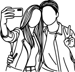 Black Line Art Happy Friendship Photo Pose Hand Drawn Illustration