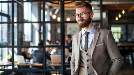 Fototapeta premium An office worker in business attire stands confidently in a modern high-rise corporate setting during a busy workday