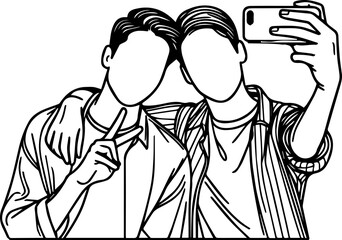 Black Line Art Happy Man Friendship Photo Pose Hand Drawn Illustration