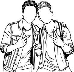 Black Line Art Happy Man Friendship Photo Pose Hand Drawn Illustration