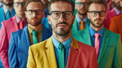 An office worker in a colorful suit stands out among colleagues in a creative workspace, showcasing individuality during a team gathering