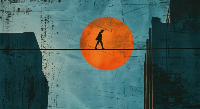 Urban tightrope walker balancing on a thin line against a large orange sun, symbolizing courage and determination in a modern cityscape Artful and inspiring background