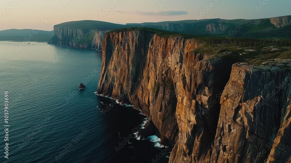 Poster a beautiful view of the ocean with a rocky cliff in the background. the water is calm and the sky is
