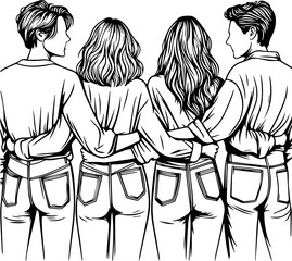 Black Line Art Happy Friendship Photo Pose Hand Drawn Illustration