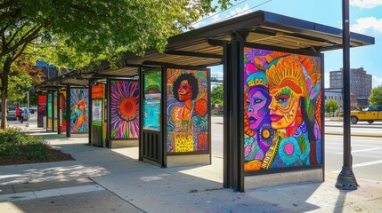 Fototapeta premium A row of colorful bus stop signs with a woman on the front