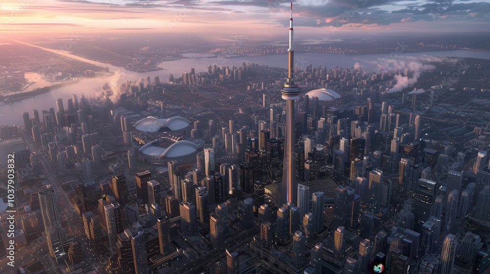 Poster a cityscape with a tall tower in the middle. the sky is cloudy and the sun is setting