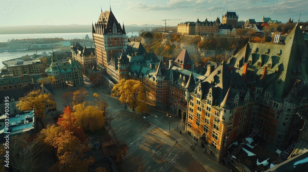Poster a city with a large building in the center and many other buildings surrounding it. the buildings ar