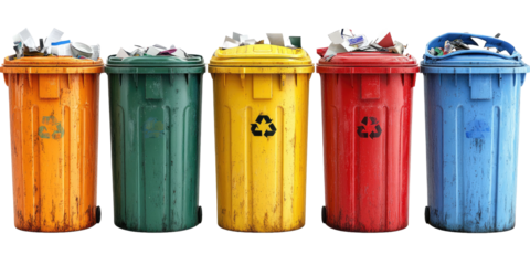 Set of full metal and plastic trash cans with garbage and paper waste isolated on white background